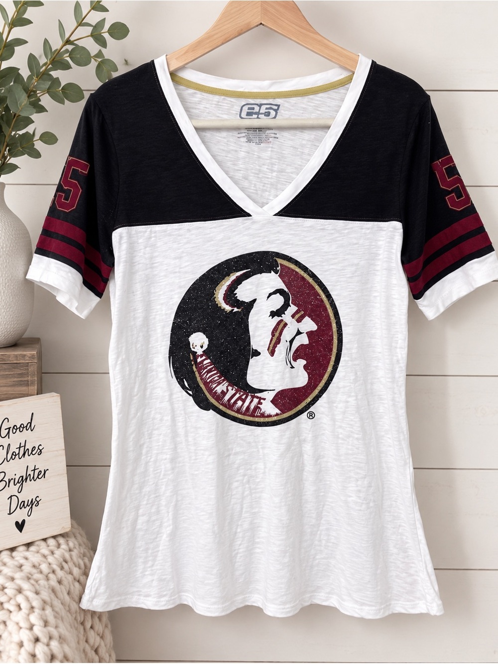 FSU Short Sleeve V-Neck Tee in White and Garnet q